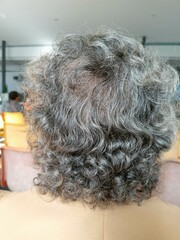 Back View of Gray Curly Hair on Elderly Person in Natural Light