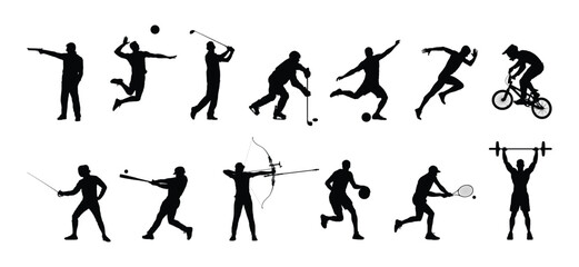 Fototapeta premium Silhouette set of man playing different sports in row vector collection. Group of different sports athlete disciplines vector black silhouette set collection.