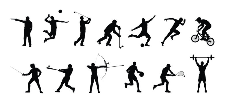 Silhouette set of man playing different sports in row vector collection. Group of different sports athlete disciplines vector black silhouette set collection.