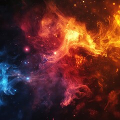 Fiery, swirling nebula; cosmic dust and gas in vibrant red, orange, and blue hues