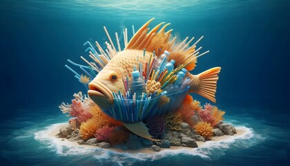 Surreal environmental artwork depicting a hollow fish form packed with plastic trash contrasted by dying marine corals