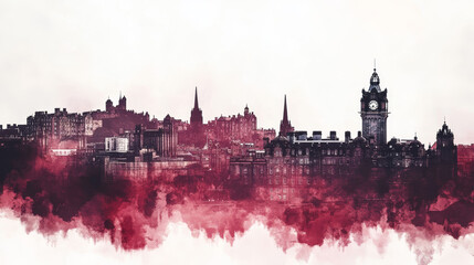 Obraz premium A captivating city skyline poster of Edinburgh, United Kingdom, featuring iconic landmarks rendered with a reddish, misty transparent effect. 