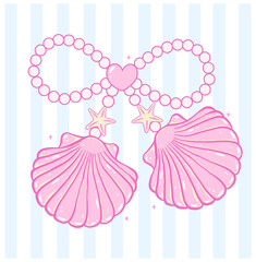 Cute Coquette pink pearl bow seashell pastel hand drawn doodle Summer y2k retro aesthetic