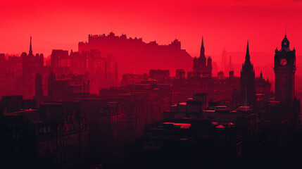 Obraz premium A captivating city skyline poster of Edinburgh, United Kingdom, featuring iconic landmarks rendered with a reddish, misty transparent effect. 