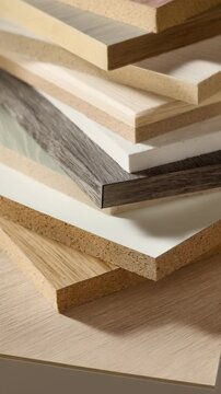 Stack of various color laminated chipboard sheets for furniture manufacturing and design, close up details, wood texture background.