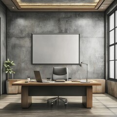 Modern industrial office interior with large desk, chair, laptop, and blank frame on exposed concrete wall