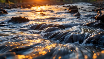A flowing stream captures the warm hues of sunset, with light refracting off the surface to create a golden glow.