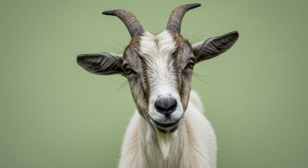 Close-up portrait of a goat with prominent horns against a soft green background, showcasing its features