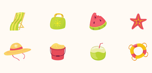 Summer icon set vector illustration featuring beach