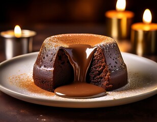 Elegant lava cake with oozing chocolate in cozy setting