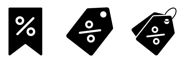 Vector icons of percentage signs on different labels. Includes price tag, sale tag, and offer badge. Ideal for discounts, shopping, promotions, and e-commerce use.