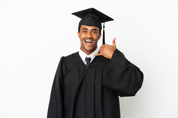 African American university graduate man over isolated white background making phone gesture. Call...