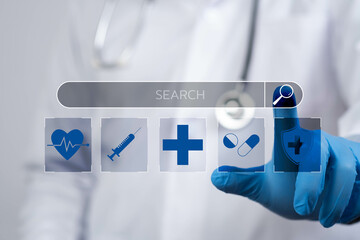 A healthcare professional interacts with a digital interface featuring medical icons, symbolizing...