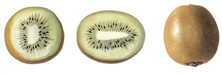 Fresh kiwi fruit whole and sliced on a white background, food concept