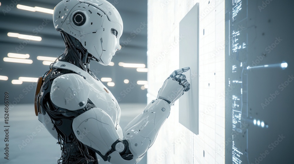 Poster advanced humanoid robot interacting with a futuristic interface.