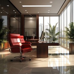 Sunlit modern office with red leather chairs, large windows, and wood desk