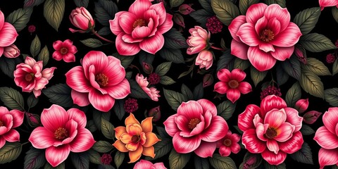 Luxurious dark floral seamless pattern with large blooms and lush foliage, leaves, vintage