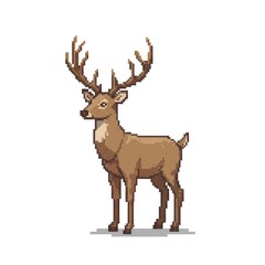 Pixel art representation of a standing deer with antlers against a simple white background