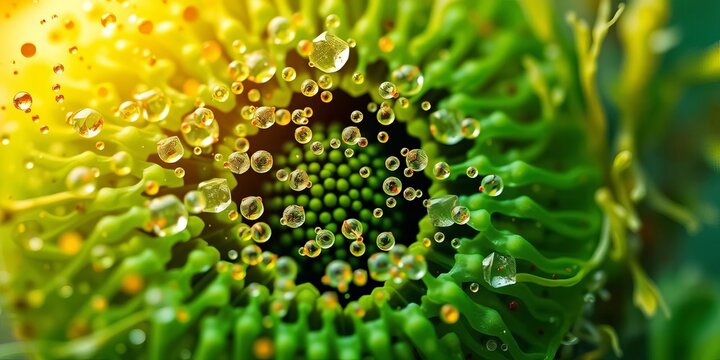 Microscopic view of nano-fertilizer particles interacting with plant cell, enhancing growth,  molecular,   nanoparticles