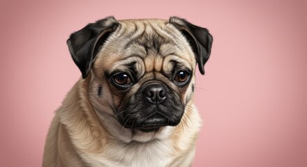Portrait of a pug dog with expressive eyes against a soft pink background, showcasing its features