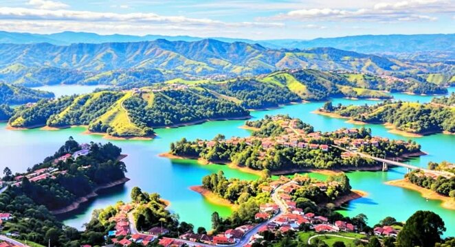 Panoramic view of Guatap&eacute; Colombia showcasing its stunning emerald green lagoons nestled amongst lush green hills a picturesque scene of vibrant color and tranquility perfect for travel tourism and na