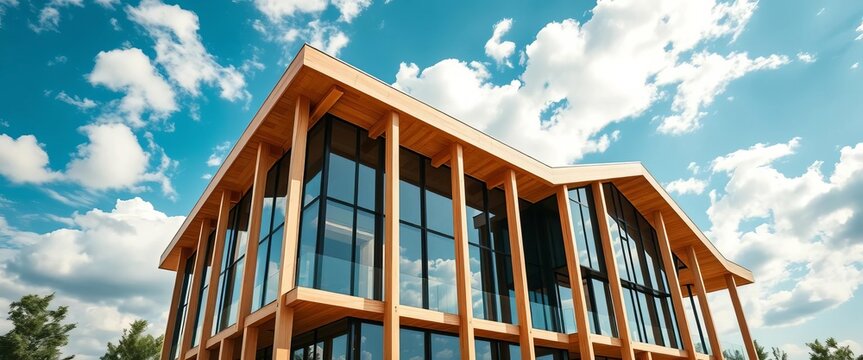 Modern Glulam timber building against a blue cloudy sky Ample empty space, minimal, sustainable