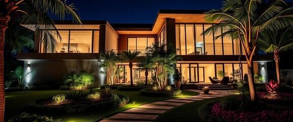 Fototapeta premium Modern luxury home exterior, illuminated garden at night, scenic, lights