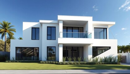 Modern two-story home, white and grey exterior, abundant natural light, residential, blank space