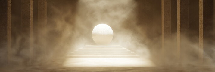 Glowing ancient relic orb floating in a misty temple chamber