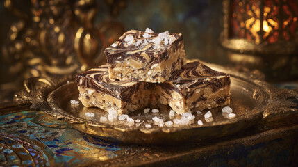 thick slabs of tahini halva marbled with chocolate, presented on a vintage brass tray
