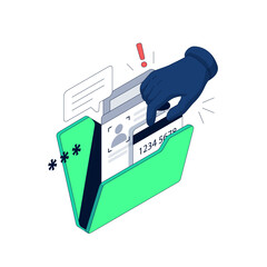 Data Leak.  The Hand Steals Personal Data from a Folder. Sensitive data breach with stolen ID and credit card information. Isometric vector illustration