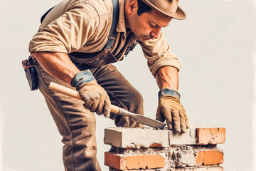 Professional Builder at Construction Site: Skilled Bricklayer Masonry Work with Tools and Hard Hat in Vintage Style Urban Real Estate Renovation