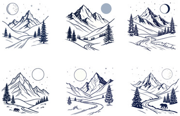 Minimal Line Art of Snowy Mountains with Full Moon Clean Vector Illustration on White Background