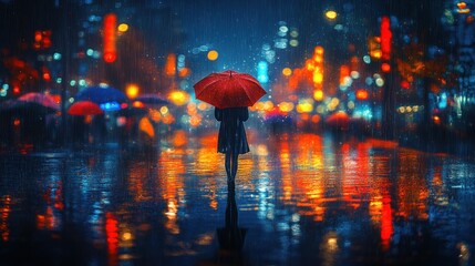 Fototapeta premium Rainy city night scene with umbrella
