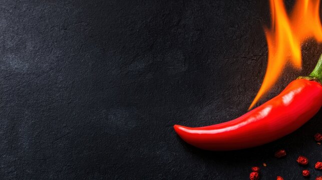 Vibrant red chili pepper with flames on a dark textured background, emphasizing heat and spice