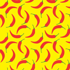 Seamless pattern with red chili pepper vector illustration on yelow background for kitchen textile.