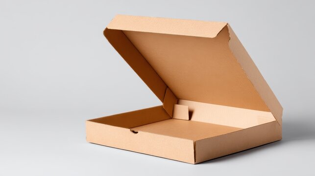 Open cardboard pizza box on a minimalistic background, ready for delivery or storage purposes