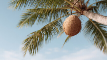 coconut hanging on palm tree against clear sky emphasizing shiny texture and details of coconut