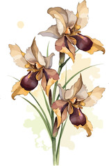 A delicate watercolor painting depicts three Bee Orchids (Ophrys apifera) featuring intricate petals that resemble bee-like shapes.