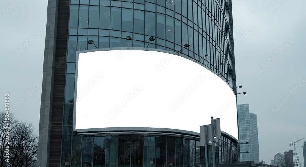 Poster blank billboard mounted on a modern building facade with a cloudy overcast sky background