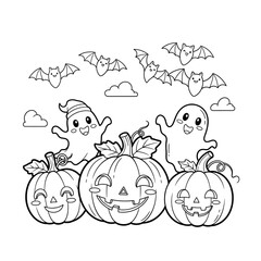 Cute Halloween scene with smiling pumpkins, friendly ghosts, and happy bats in a line art style for children to coloring
