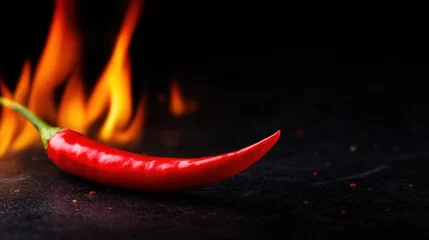 Canvas schilderij Hete pepers Vibrant red chili pepper resting on a dark surface with flames in the background, symbolizing heat  © chusnul