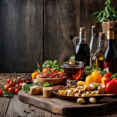 Rustic still life featuring diverse food items, including a vibrant red relish,  assorted vegetables, nuts, herbs, and various oils, arranged on a wooden surface against a dark wooden backdrop