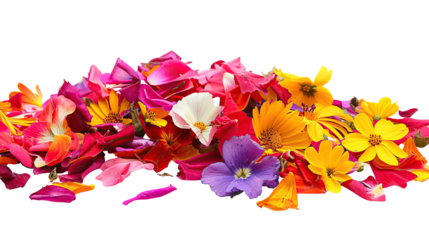 Aesthetic collection of colorful vibrant flower confetti isolated on transparent background. PNG