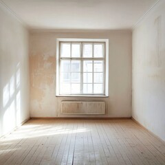 Empty room with sunlight streaming through a window, showing worn walls and wooden floors