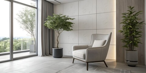 Modern Minimalist Interior Design With Armchair and Potted Plant