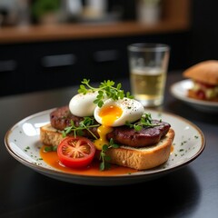 Healthy breakfast dish with toasted bread  savory meat  juicy tomato  and a pair of poached eggs