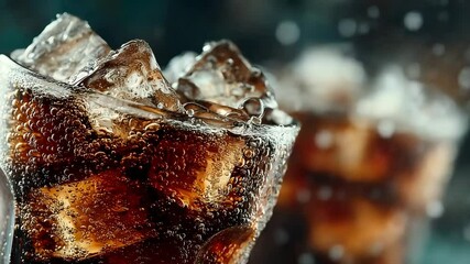 Ice cubes spinning in a glass of soda with bubbles rising and clear liquid motion in sharp focus - Powered by Adobe