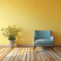 A teal armchair and yellow flowers in a sunlit room with pale yellow walls and wooden floor