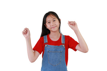 Portrait of cute Asian girl child with raised hands up posture isolated on white studio background.